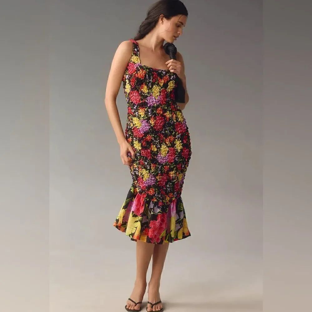 By Anthropologie x Yukiko Noritake Square-Neck Pebble-Smocked Dress NWT